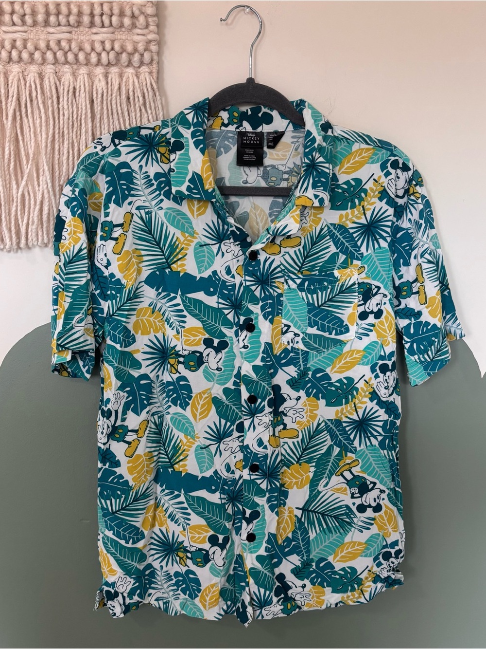Disney Short-Sleeve Tropical Leaf & Mickey Button-Up in Teal, Yellow & White